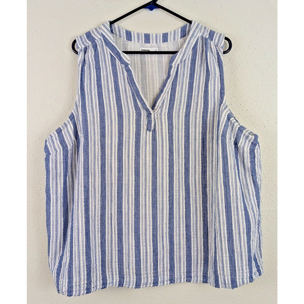 Sonoma sz 2X Gauzy Tank Top Blouse v-neck sleeveless blue/white stripes 3917